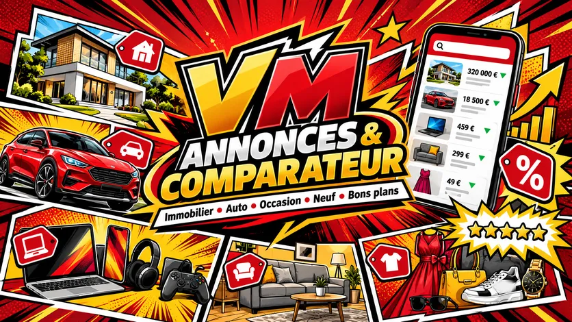 VM Annonces et Comparateur : immobilier, auto, high-tech, maison et mode en cases de BD
