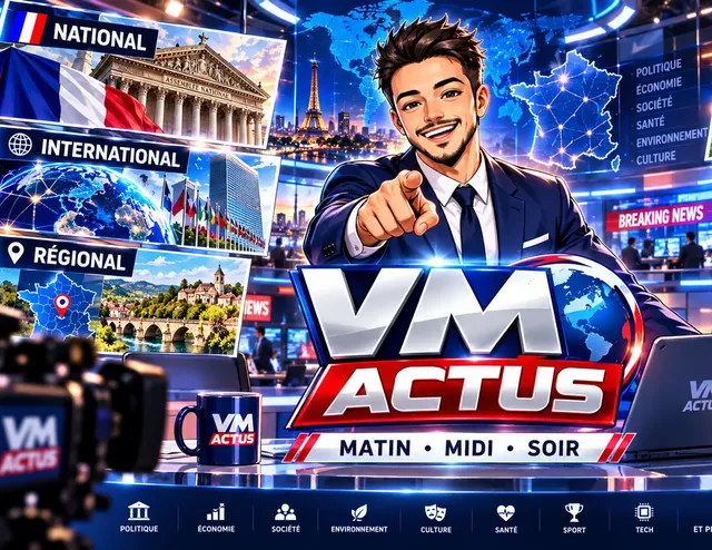 Dessin BD : le présentateur de VM Actus sur un plateau télé, avec les rubriques France, International et Régions