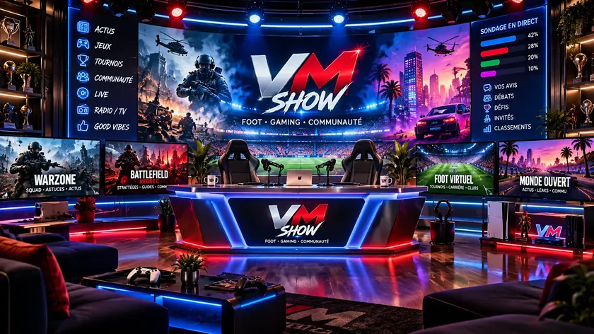 Projet de plateau du VM Show : bureau des présentateurs, écrans foot et gaming, éclairage rouge et bleu